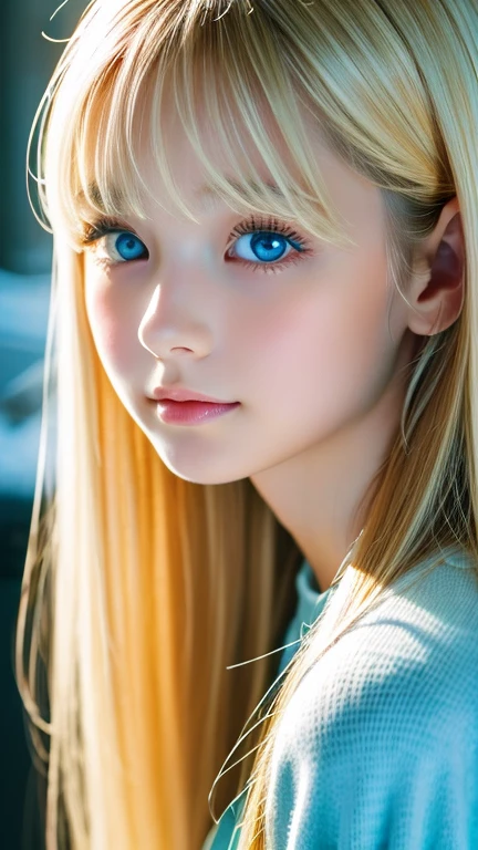 Analogue style portrait of a cute very beautiful young woman with the most beautiful blonde super long straight hair in the world、The bangs between the eyes hang down to the bottom of the nose.、Beautiful, Big, bright, pale blue eyes、skin as white as snow、glowing skin、Big bright light blue eyes that shine so beautifully、Very big bright eyes、very bright eye highlights、cheek highlights、small face beauty、