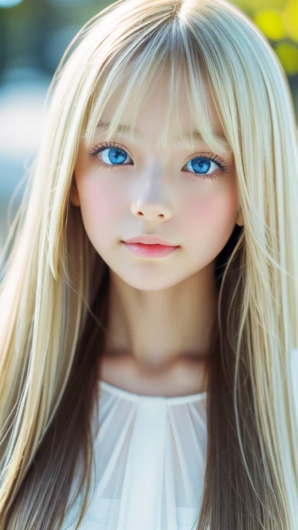 Analogue style portrait of a cute very beautiful young woman with the most beautiful blonde super long straight hair in the world、The bangs between the eyes hang down to the bottom of the nose.、Beautiful, Big, bright, pale blue eyes、skin as white as snow、glowing skin、Big bright light blue eyes that shine so beautifully、Very big bright eyes、very bright eye highlights、cheek highlights、small face beauty、