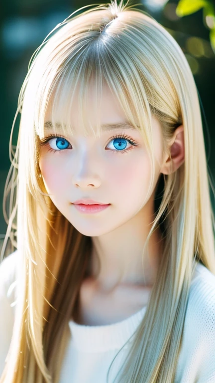 Analogue style portrait of a cute very beautiful young woman with the most beautiful blonde super long straight hair in the world、The bangs between the eyes hang down to the bottom of the nose.、Beautiful, Big, bright, pale blue eyes、skin as white as snow、glowing skin、Big bright light blue eyes that shine so beautifully、Very big bright eyes、very bright eye highlights、cheek highlights、small face beauty、