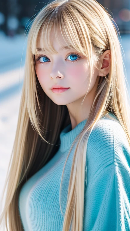 Analogue style portrait of a cute very beautiful young woman with the most beautiful blonde super long straight hair in the world、The bangs between the eyes hang down to the bottom of the nose.、Beautiful, Big, bright, pale blue eyes、skin as white as snow、glowing skin、Big bright light blue eyes that shine so beautifully、Very big bright eyes、very bright eye highlights、cheek highlights、small face beauty、