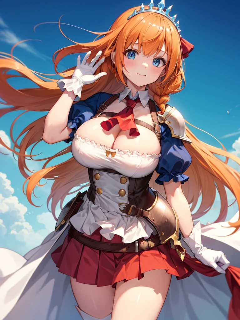 masterpiece, highest quality, Medium wide shot、cowboy shot、 1 mature woman、(pecorine, blue eyes, hair ornament, long hair, orange hair, tiara, braid, hair braid)、((big breasts、huge breasts))、arm belt, armor, ascot, blue socks, boots, dress, gloves, hair ornament, open clothes, open dress, pauldrons, pleated skirt, puffy short sleeves, puffy sleeves, red ascot, red skirt, short sleeves, shoulder armor, single pauldron, skirt, socks, white dress, white footwear, white gloves、looking at the viewer、smile、grassland、blue sky、waving in the wind、