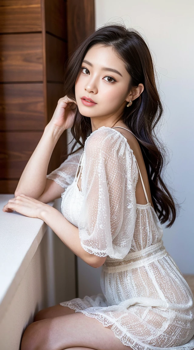 dark brown hair、light brown eyes、Japanese actress face、 lady、I'Iは彼とIが好きです'I'Iは40歳くらいです.、(intricate details:1.2)、(which one is the top?:1.4)、 (ultra high resolution:1.2)、ultra high resolution、(finely tuned)、(detailed facial features)、nffsw、8K resolution、D cup size breasts、long hair、big window、luxurious space、relax、、,full body photo、head to toe shot、beautiful feet、camisole dress、beautiful feet、A refreshing room full of sunlight、she, household items, (plant:0.8), center of fashion, extreme details, very detailed, realistic, hourglass body, obscene pose,、、I cry a lot、tears、person on the left、white wall、white floor、diagonally from below、raise your chin、テーブルの上にsit、relaxした表情、Pose of Weakness、(auraroid photo:1.2)、from outside the window、Transparent painting masterpiece、8K、32k、highest quality、(Details of both eyes)、1 girl、elegant、(loose dress :1.4)、sunset、sit、(Low - Angle、From what angle do you see this?:1.2)、Hilarious、leaning against the wall、