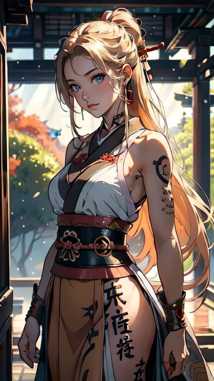 (masterpiece:1.2, Best quality),best quality, masterpiece, beautiful and aesthetic, 16K, (HDR:1.4), high contrast, bokeh:1.2, lens flare, (vibrant color:1.4), (muted colors, dim colors, soothing tones:0), cinematic lighting, ambient lighting, sidelighting, Exquisite details and textures, cinematic shot, Warm tone, (Bright and intense:1.2), wide shot, by playai, ultra realistic illustration, siena natural ratio, anime style, (ancient Japanese theme:1.4), (warrior girl costume:1.4), head to thigh portrait, very long curly blonde hair, white tyni top and a pleated skirt, alluring neighbor's wife, 20yo, symmetrical face with flirty gaze and soft smile, a small earrings, (body covered in words, words on body:1.3, tattoos of (words) on body:1.4), cinematic lighting, ambient lighting, sidelighting, kat sweets poses,
