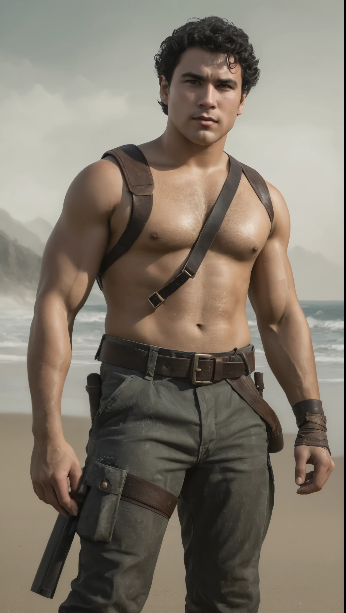 An illustrated movie poster, hand-drawn, full color, a solider, male, 28 years-old, wearing an open-collar shirt shirt and tactical pants, resembles Gavin Leatherwood, sun-tanned skin, chubby face, average height, broad shoulders, soft belly, slightly overweight, deep brown eyes, wide bulbous nose, black hair, curly hair, thick bushy eyebrows, extremely hairy chest, stomach, and arms, lots of body hair, posing on a foggy beach, hard shadows, graphite shading, stencil markings, airbrushed acrylic paint, masterpiece, in the style of Skyrim