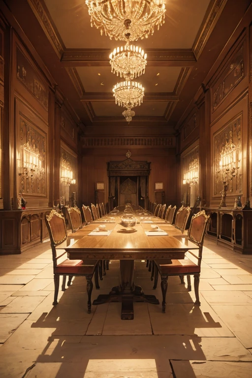 a long palace council table with distinguished chairs standing in a stone floored palace hall, slavic theme
