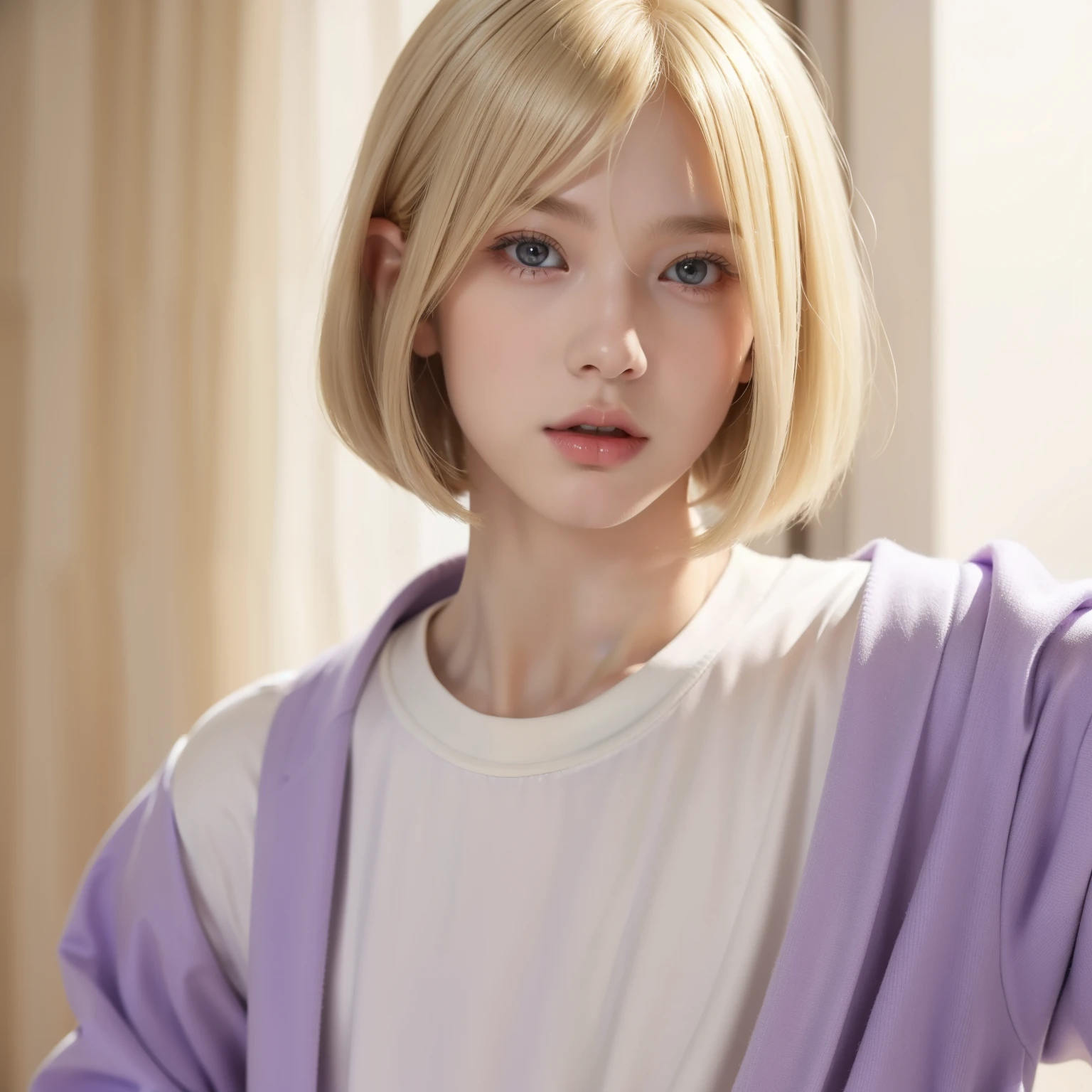 1 boy teen,fleeting,masterpiece,Top image quality,a blond(Bob Hair)(straight haired)Eyes are purple,pupils,shortsleeves,Beautiful Boys,Beautiful fece,Looking down