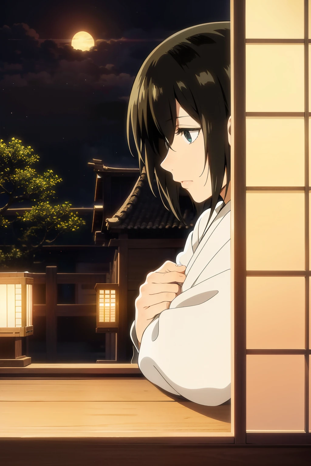 In the window of a Taisho-era train, I long to see a village bathed in the soft glow of twilight. The quaint, traditional Japanese houses with their slanted roofs and paper walls seem to be nestled amongst the tranquil landscape, their lanterns flickering as the sun sets below the horizon. The villagers, dressed in Taisho-era clothing, go about their evening routines, creating a scene both serene and nostalgic.

The buildings, with their intricate details and elegant designs, are surrounded by lush greenery and the gentle sound of a nearby stream. The trees, with their autumn leaves rustling in the wind, provide a stunning back