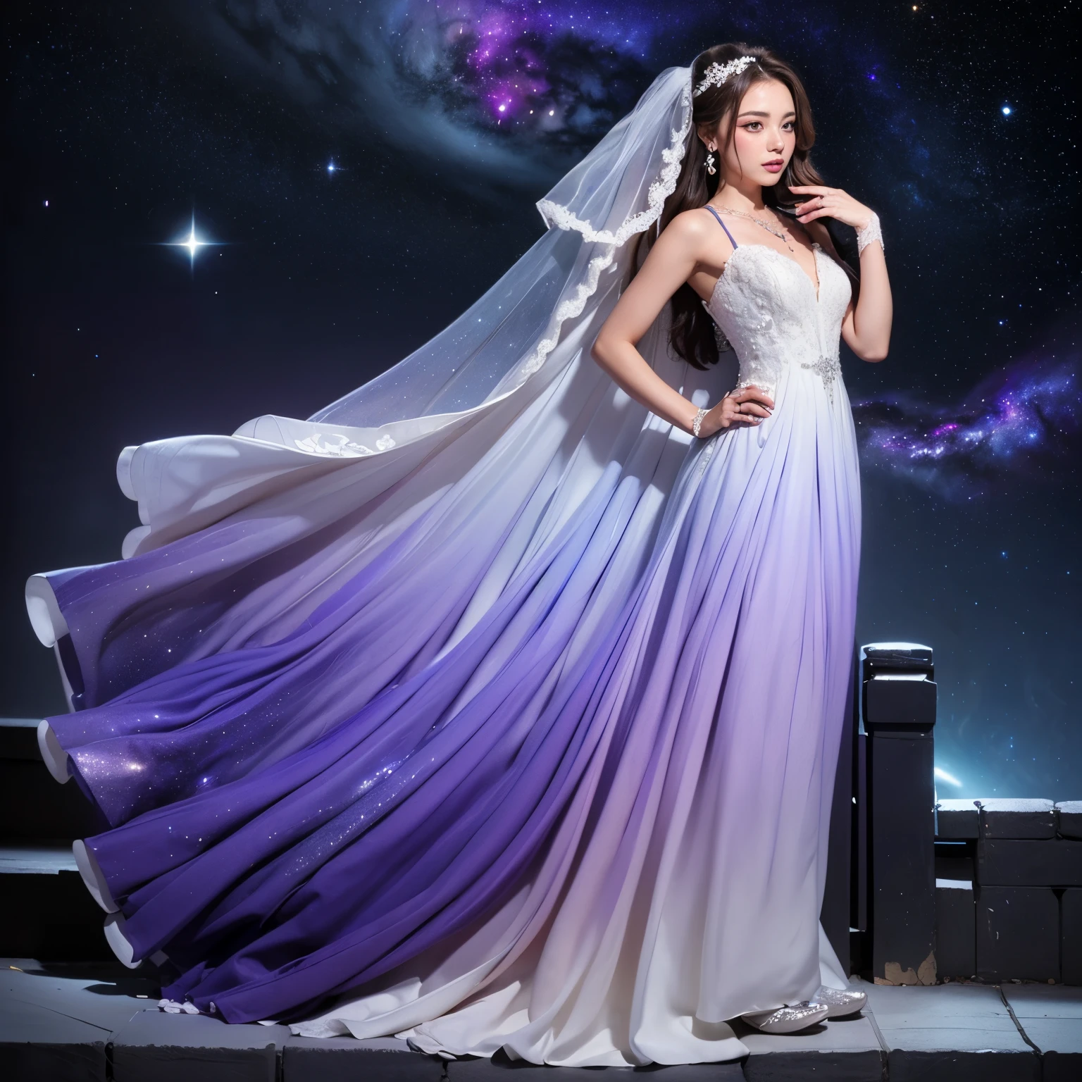 (hire.repair:1.5),(super detailed:1.95),(8k) 
BREAK
(very well-groomed face:1.3). (fine eyes:1.3), (solo shot:1.8) ,(Skinny:1.8), (???? makeup:1.6),(full-body:1.6), (Standing pose with stoop:1.7) 
BREAK
(Galaxy-inspired ombré wedding dress in shades of blue and purple:1.8) paired with (iridescent heels:1.1). Accessorized with (sapphire and amethyst galaxy necklace:1.6), (aurora borealis crystal earrings:1.2), and (a silver cuff with engraved constellations:1.3).
BREAK
(background(universe:1.5)) 
