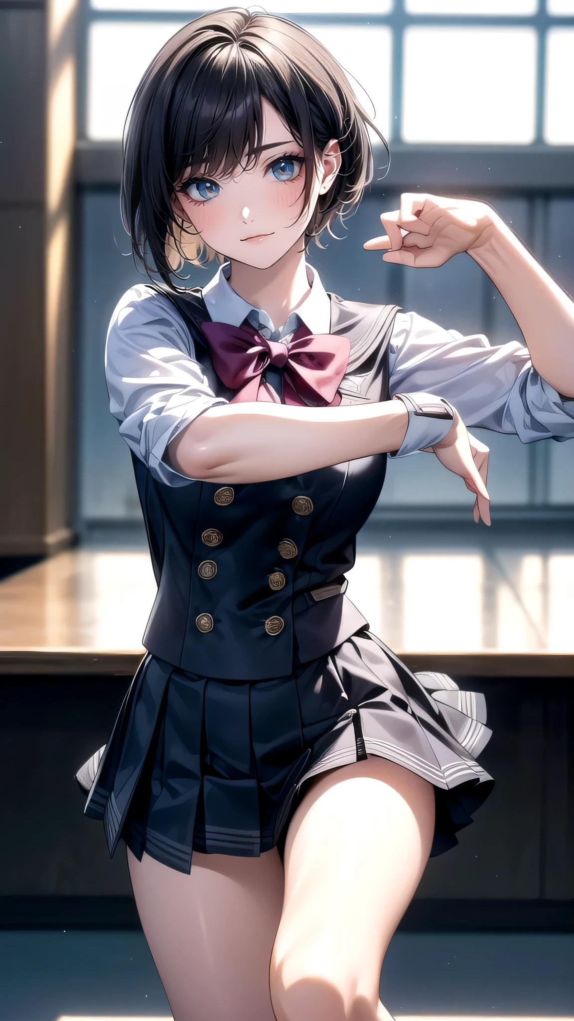 high school girl,(random dance pose),(Highest image quality, (8K), Ultra-realistic, Best Quality, High quality, High Definition, high quality texture, high detailing, Beautiful detailed, fine detailed, extremely details CG, Detailed texture, realistic representation of face, masterpiece, presence, Dynamic, Bold)