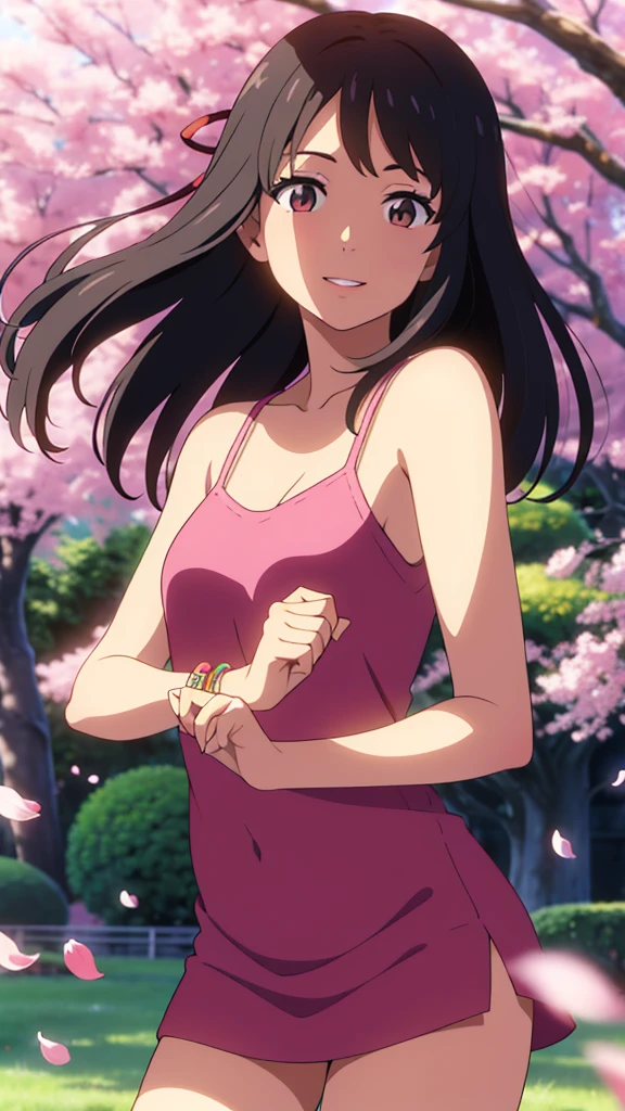 shinkai makoto, kimi no na wa., 1 chica, Golpes, PELO NEGRO, clavicle, la camisa negra, hombros descubiertos, falda plisada blanca, falda corta, diadema roja, Arco rojo, Red ribbon, rubor, ojos brillantes, Brown eyes, cabello corto, sonrisa, lindo, Hermoso, boca abierta, amar, mirando al espectador, pendientes, cereza_flores, descendente_petals, petals, rama, rosa_flor, blue_cielo, luz de sol, primavera_season, viento, tree