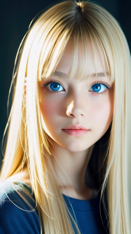 Analogue style portrait of a cute very beautiful young woman with the most beautiful blonde super long straight hair in the world、The bangs between the eyes hang down to the bottom of the nose.、Beautiful, Big, bright, pale blue eyes、skin as white as snow、glowing skin、Big bright light blue eyes that shine so beautifully、Very big bright eyes、very bright eye highlights、cheek highlights、small face beauty、
