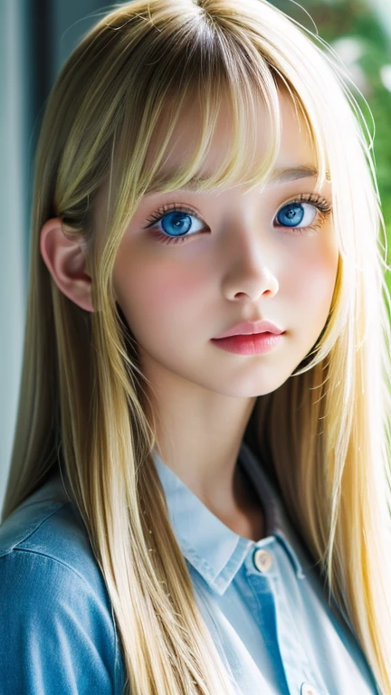 Analogue style portrait of a cute very beautiful young woman with the most beautiful blonde super long straight hair in the world、The bangs between the eyes hang down to the bottom of the nose.、Beautiful, Big, bright, pale blue eyes、skin as white as snow、glowing skin、Big bright light blue eyes that shine so beautifully、Very big bright eyes、very bright eye highlights、cheek highlights、small face beauty、