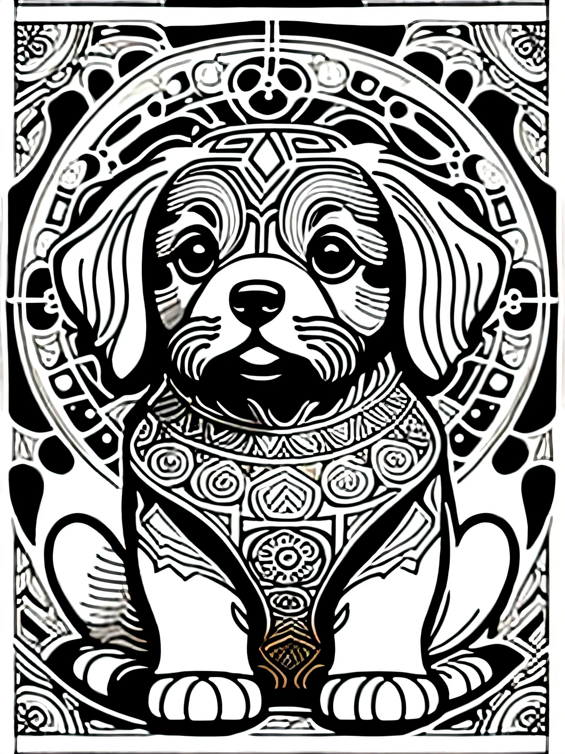 cute dog puppy, coloring book cover, mandala, hyper detailed line art, coloring expert, abstract Art by Alphonse Mucha, sketch, character lines and scenes without colors and shadows. (Masterpiece, Best Quality, Highres:1.4), Detailed, Intricate Details, 4K, color splashes, line art, fibonacci,