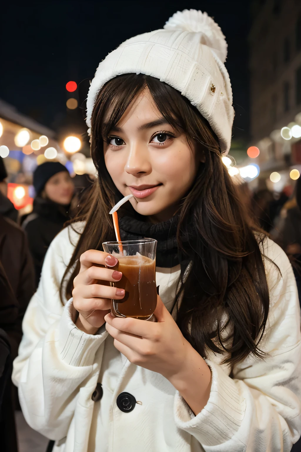 cute girl drinking coco during winter festival