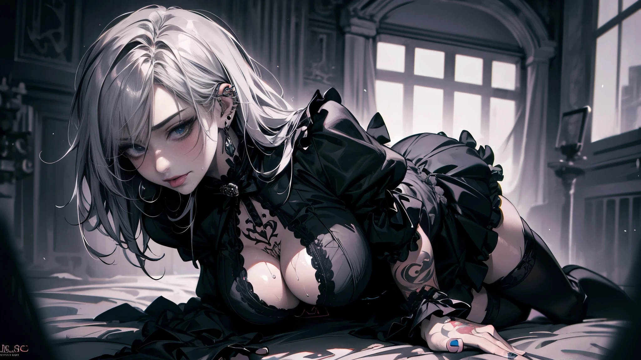 (Best quality, 8K, Masterpiece:1.3, 1girl, Beautiful girl), cute, Dynamism, Detailed face, Detailed skin, detailed clothes, Detailed eyes, Detailed lips, Detailed tongue, Detailed fingers, Detailed mouth, Photorealistic, Raw photo, highres, hight resolution, Natural lighting, perfect anatomy, toned legs, double eyelids, tear bags, round eyes, moist lips, sweaty, ecstatic face, ((gothic ta, gothic loliashion, black tattoo, body piercing, piercings, earrings)), skirt, grey hair, monochrome, messy street, thighhighs, large breasts, cum on breasts, detailed pupil, half closed eyes, looking at viewer, paizuri invitation