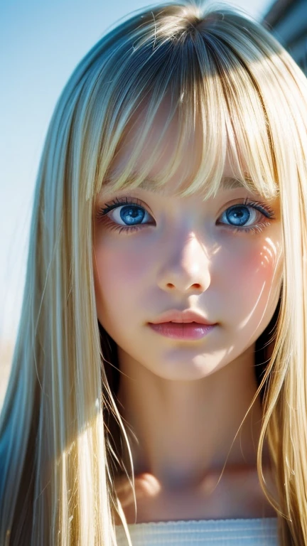 Analogue style portrait of a cute very beautiful young woman with the most beautiful blonde super long straight hair in the world、The bangs between the eyes hang down to the bottom of the nose.、Beautiful, Big, bright, pale blue eyes、skin as white as snow、glowing skin、Big bright light blue eyes that shine so beautifully、Very big bright eyes、very bright eye highlights、cheek highlights、small face beauty、