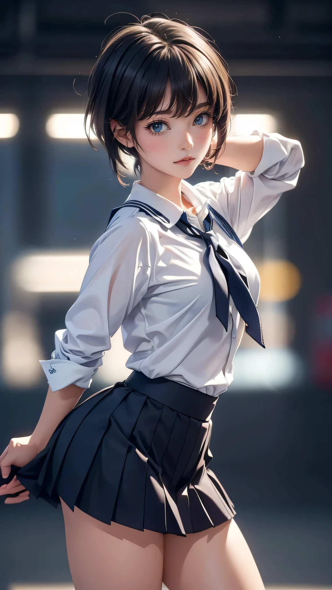 high school girl,(random dance pose),(Highest image quality, (8K), Ultra-realistic, Best Quality, High quality, High Definition, high quality texture, high detailing, Beautiful detailed, fine detailed, extremely details CG, Detailed texture, realistic representation of face, masterpiece, presence, Dynamic, Bold)