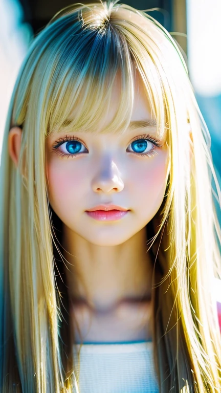 Analogue style portrait of a cute very beautiful young woman with the most beautiful blonde super long straight hair in the world、The bangs between the eyes hang down to the bottom of the nose.、Beautiful, Big, bright, pale blue eyes、skin as white as snow、glowing skin、Big bright light blue eyes that shine so beautifully、Very big bright eyes、very bright eye highlights、cheek highlights、small face beauty、