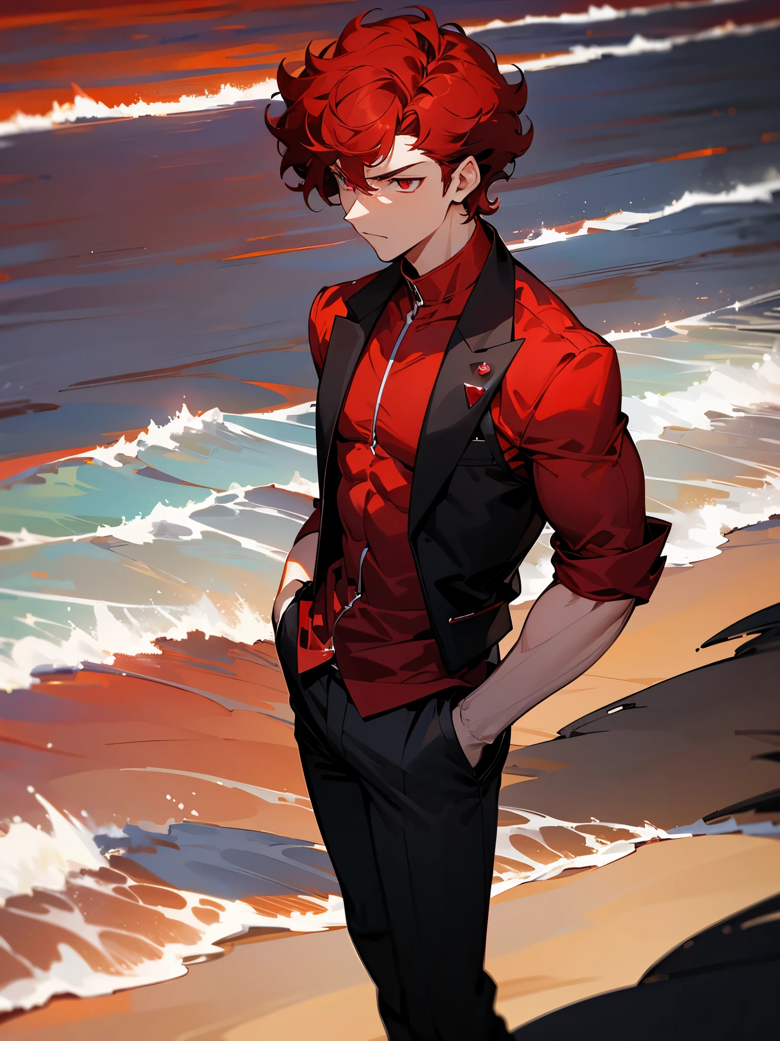 1male, one male, Dark Red Hair,Short Hair, Crimson Red Eyes, Muscular, Curly Hair, sleeveless Red shirt, Black Pants, serious expression, Red Aura, red ruby gem on chest, beach background, arms in pockets, black jacket,sunset