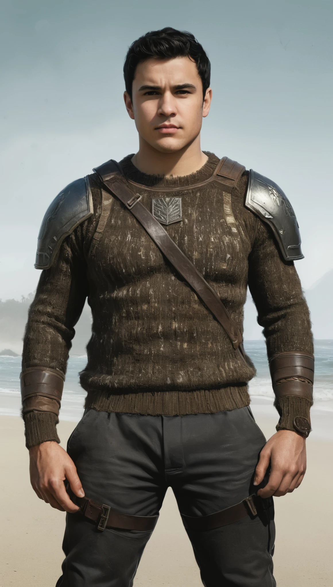 An illustrated movie poster, hand-drawn, full color, a solider, male, 28 years-old, wearing a rib-knit commando sweater and tactical pants, resembles Gavin Leatherwood, sun-tanned skin, chubby face, average height, broad shoulders, soft belly, slightly overweight, deep brown eyes, wide bulbous nose, black hair, curly hair, thick bushy eyebrows, extremely hairy chest, stomach, and arms, lots of body hair, posing on a foggy beach, hard shadows, graphite shading, stencil markings, airbrushed acrylic paint, masterpiece, in the style of Skyrim