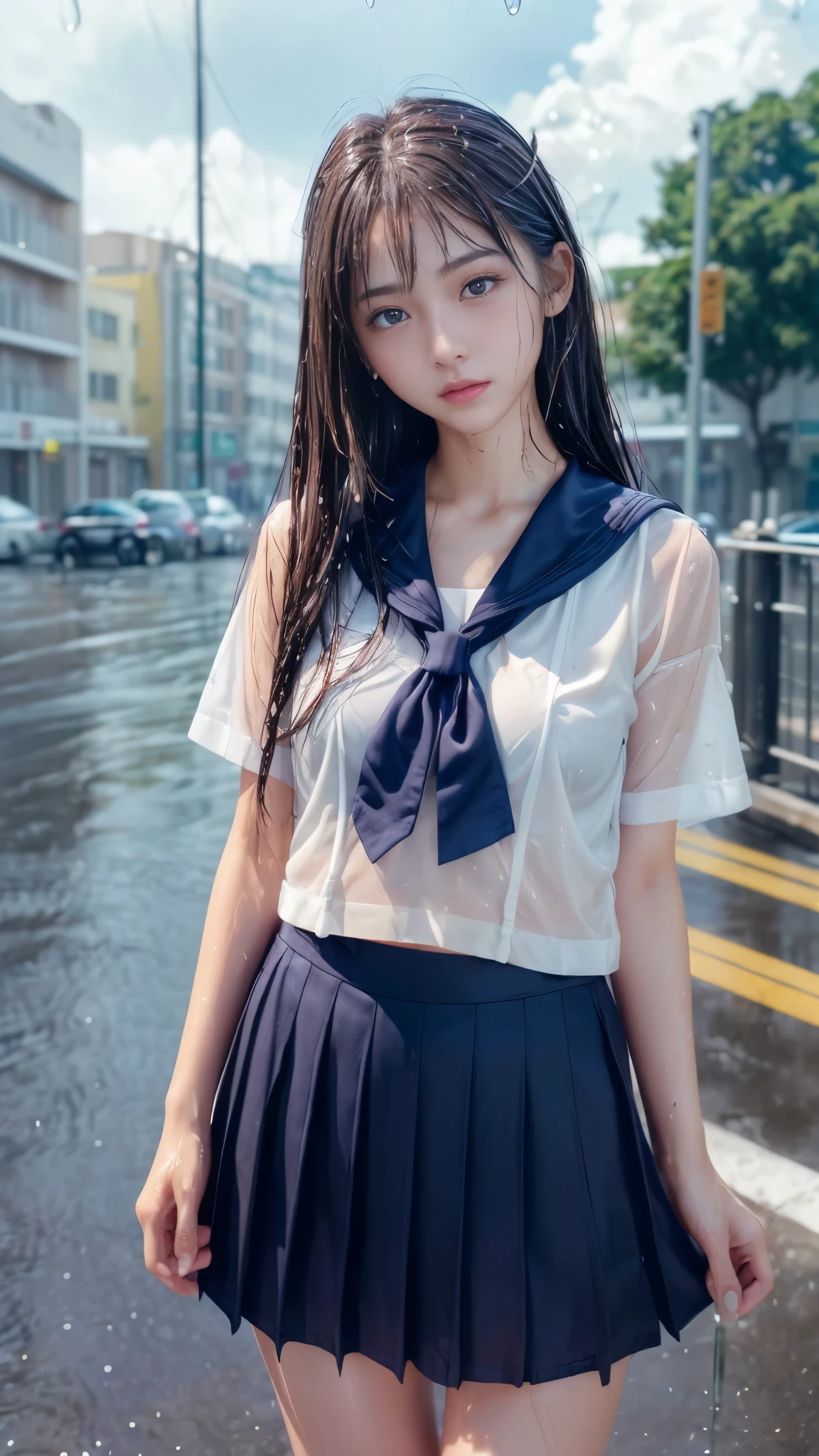 ((Guerrilla rainstorm at an intersection))、18-year-old、high school girl、whole body、((Wearing a neat summer sailor uniform:1.3))、(髪とwhole bodyがびしょ濡れ:1.6)、(The wet uniform sticks to my bare skin:1.6)、(Water droplets dripping from the body:1.4)、(Sexy bra showing through uniform:1.4)、(tight waist:1.3)、(beautiful body line)、semi-long、straight hair、brown hair、(medium breasts)、cute pose、(beautiful eyes:1.2)、(detailed hands:1.3)、(small hands:1.4)、(detailed face:1.2)、(correct anatomy)、(looking at the camera:1.3)、(frustrated:1.6)、(face lighting)、(nffsw++:1.10)、(ultra high resolution)、(highest quality)、(Improvement of quality)、(super detailed)、(accurate color)、(Photoreal)、(RAW photo)