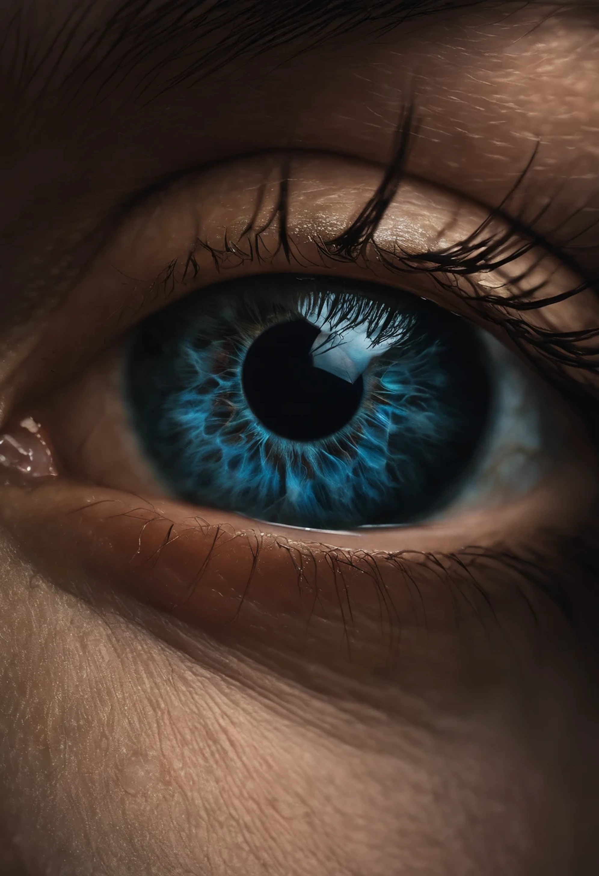 The eye, the right eye, close-up, dead colors, a fog of hatred surrounds the eye, you can see the torment and hardship in the pupil, a beautiful light shows itself in the center, large size and high quality, coloring and Viewing Angle