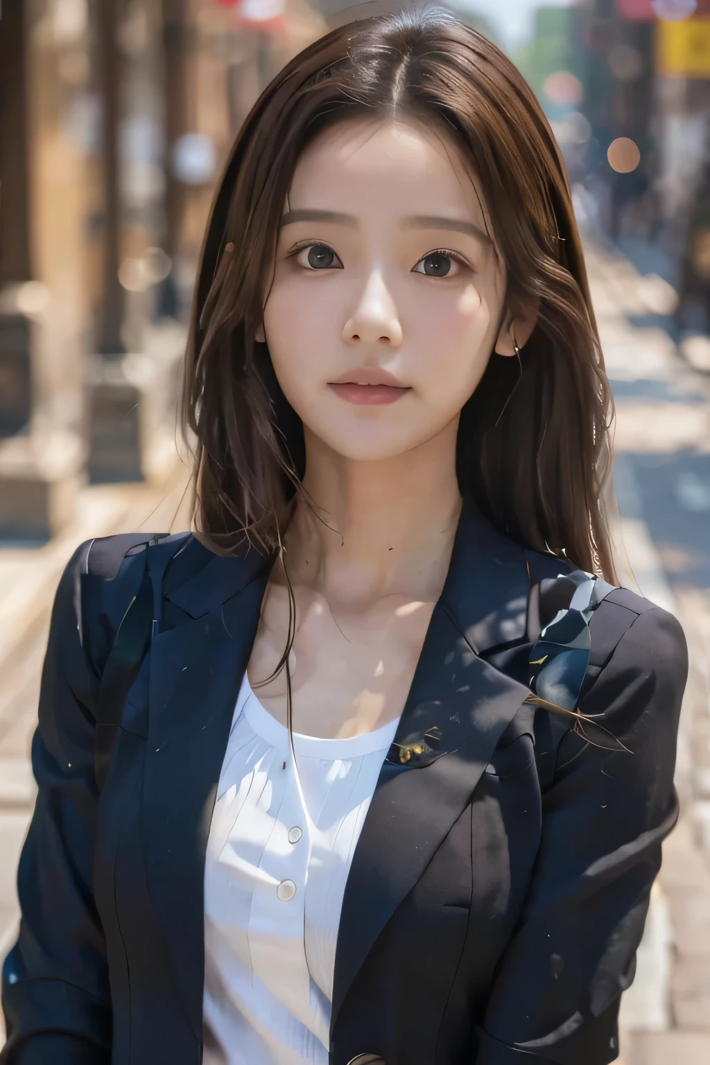 masterpiece, highest quality, Photoreal, Super detailed, finely, High resolution, 8k wallpaper, Professional, Advanced level of detail, ((One female college student:1.2)), slender Japanese woman,, detailed clavicle, Medium chest、perfect face, (Front facing:1.2)、medium long hair, chestnut hair、(black suit:1.5)、cute face、(looking straight ahead:1.5)、(brown skin:1.5)、full body shot