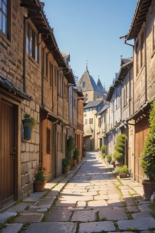 narrow alley in a medieval city, stone houses, shingled roofs