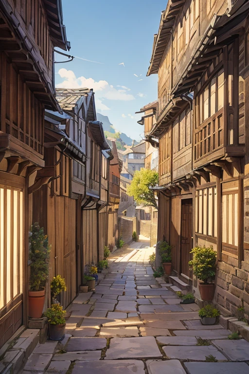 narrow alley in a medieval city, stone houses, shingled roofs