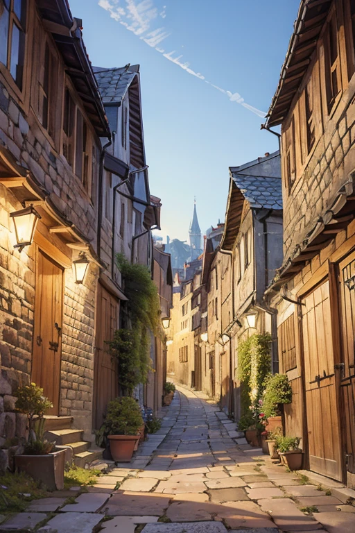 narrow alley in a european medieval city, stone houses, shingled roofs
