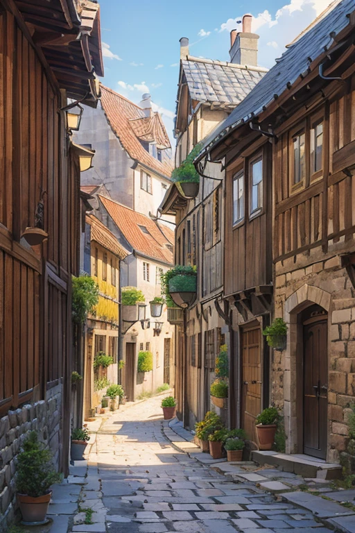 narrow alley in a european medieval city, stone houses, shingled roofs
