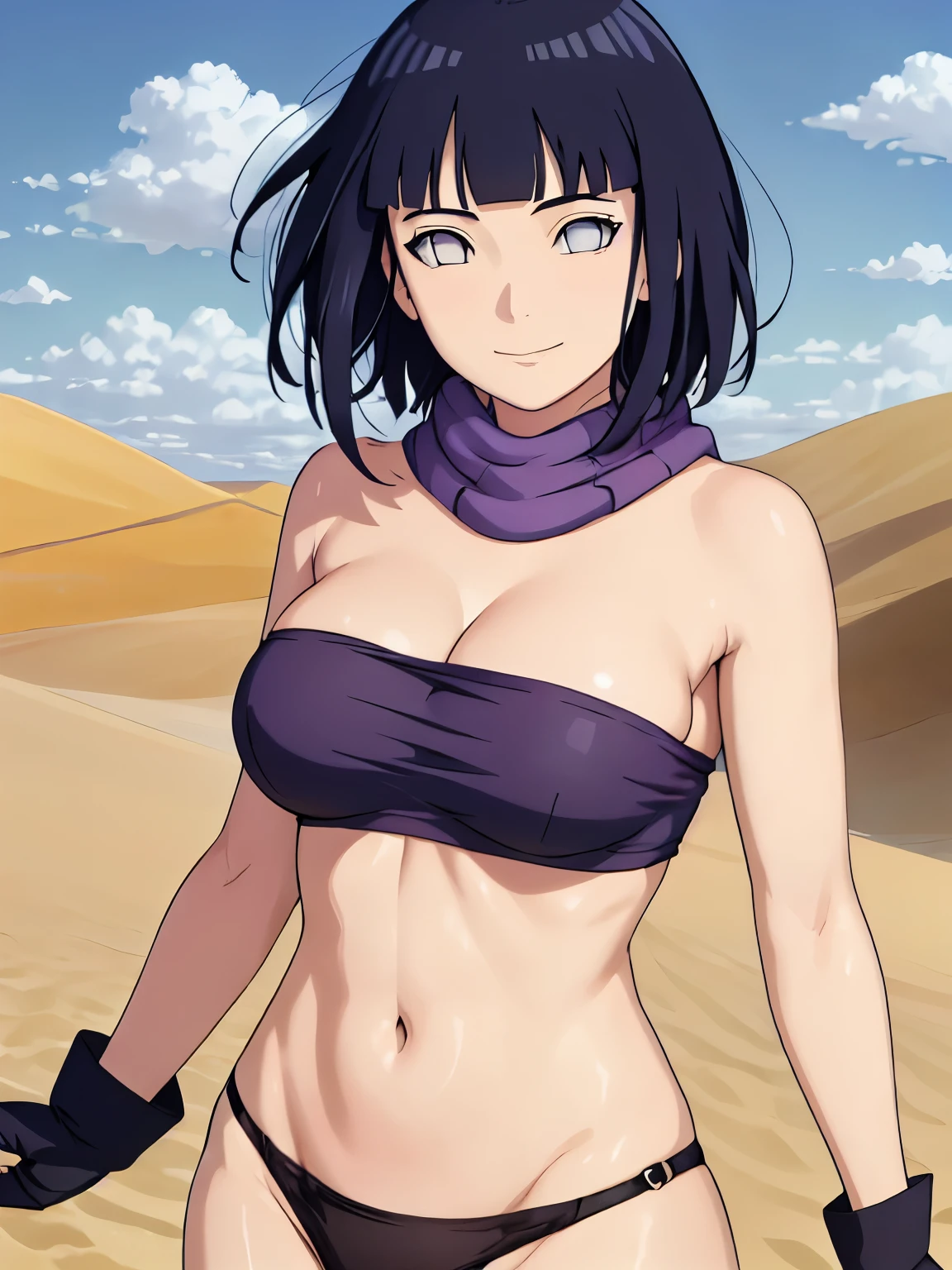 (hinata\(boruto\), (high quality, anime, tall), ((mini purple Bandeau top, tight purple Bandeau top)), ((fingerless gloves, black thong, black scarf)), (both arms down, (both armpits in full glory, two armpit line), curvy body, extremely slim waist, off-shoulders, big breasts, cleavage, groin lines, little biceps, smile, closed mouth), (posing in photoshoot), pale skin, ((floating hair, dark blue, short hair, hime cut، loose hair), (location: very hot desert)