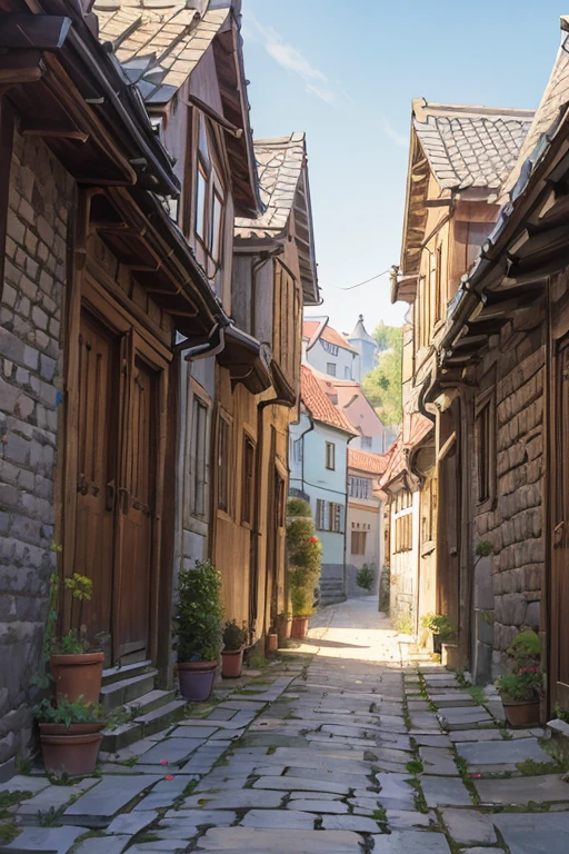 narrow alley in a slavic medieval city, stone houses, shingled roofs