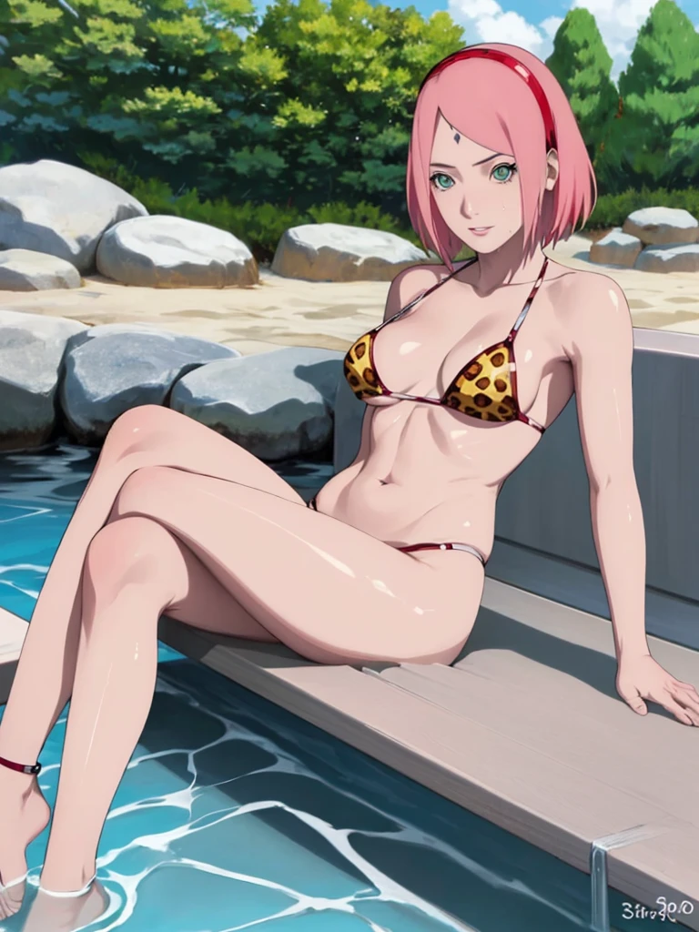 (high quality) alone, (better quality, 8K, UHD: 1.2) realistic,masterpiece, alone, 1g irl,alone,haruno sakura, Forehead mark, red hair band,looking at the viewer,floating hair, sexy, perfect body, Big breasts, pool,Water droplets on the body, body is wet, wet hair, mature woman's body,sexy body, crossed legs, leopard print micro bikini,sitting, beach chair,