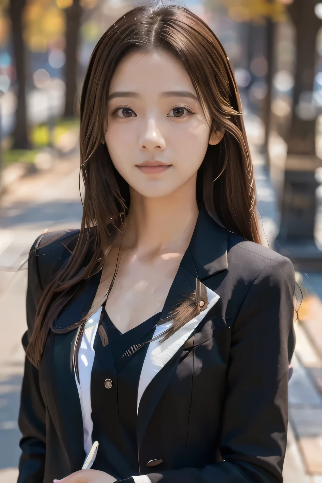 do, highest quality, Photoreal, Super detailed, finely, High resolution, 8k wallpaper, Professional, Advanced level of detail, ((1 female university student:1.2)), Slender Japan woman,, detailed clavicle, Medium chest、perfect face, (positive:1.2)、medium long hair, chestnut hair、(black suit:1.5)、cute face、(look straight ahead:1.5)、(brown skin:1.5)、full body shot(gentle smile:1.2)
