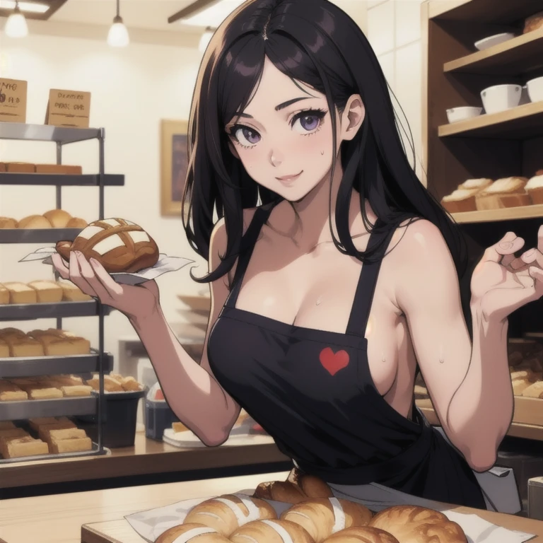 ((masterpiece, best quality, highres, UHD, perfect pixel, depth of field, 8k, RTX, HDR)), BREAK, 1girl, single, solo, beautiful anime girl, beautiful artstyle, anime character, ((long hair, black hair)), (purple:1.4, rounded eyes, beautiful eyelashes, realistic eyes),big breast, without clothes wearing only a white apron, covered in sweat, blushing, with a smile, BREAK, holding a bitten bread in the hand, sexy pose in a pastry shop with shelves with a lot of bread.
