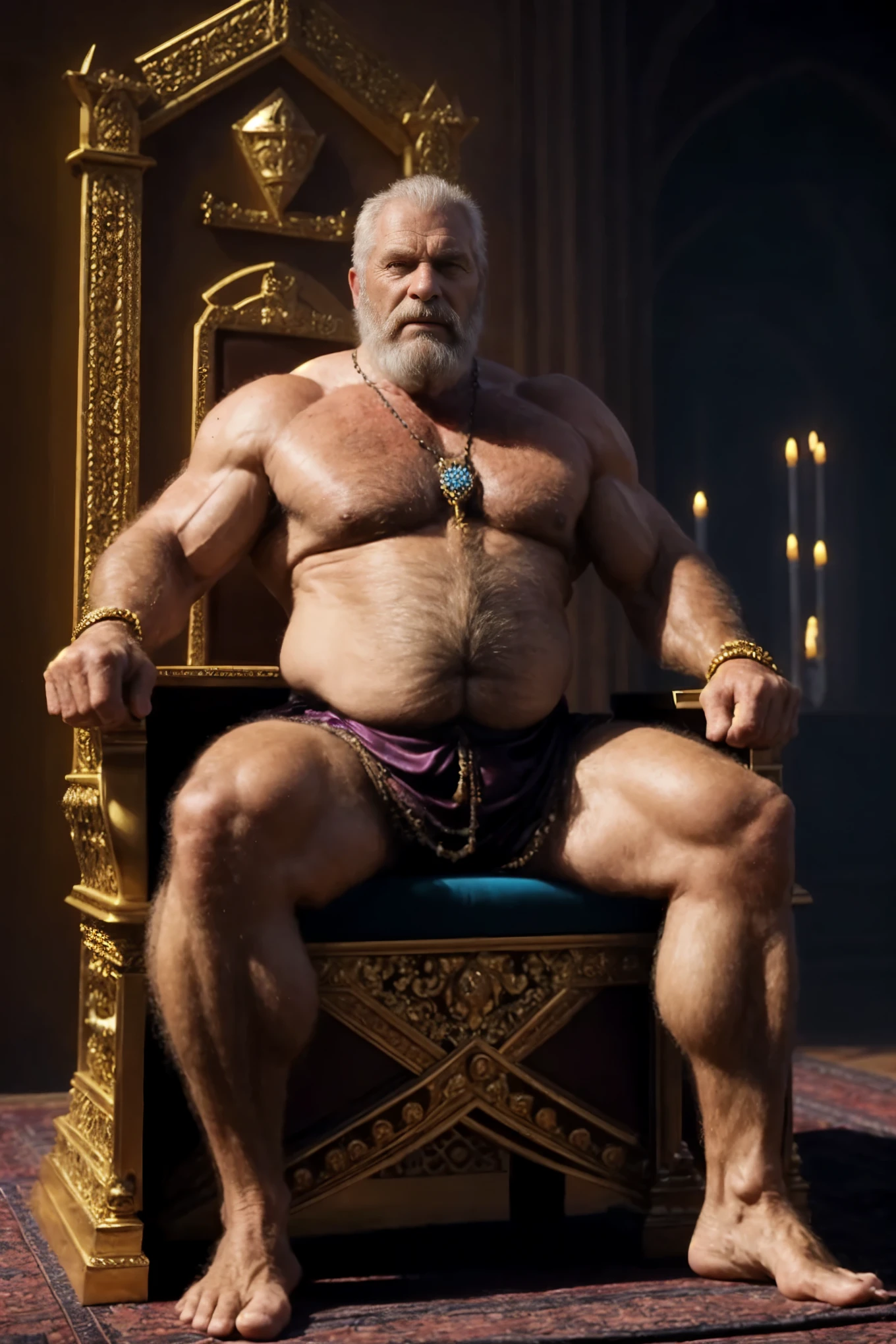 mature old man, tough, virile, bulging muscles, plump, hairy, furry body, massive feet, skimpy silk tunic, intricate details, jewelry, glowing magic, vivid colors, throne room, particle effect, epic fantasy, live action