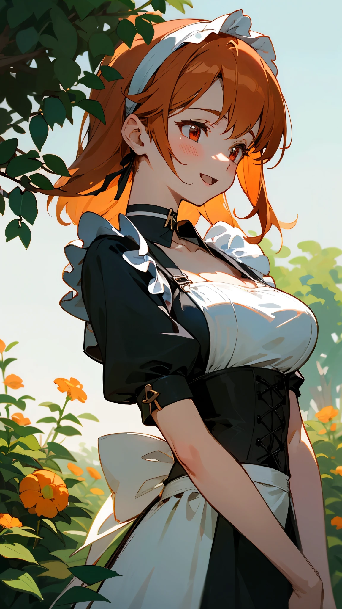 very delicate、1 beautiful girl、anime painting、highest quality、masterpiece、super detailed illustrations、upper body close-up、the most knowledgeable girl、fluffy hair、Orange hair with white stripes、beautiful red eyes、smile、opened your mouth、round face、colored skin、big breasts、perfect female body、From the side、Black shirred maid dress、apron、Black corset with straps、headband、Choker Ribbon、cufflinks、shiny、outdoor、garden、bright、cinematic lighting、sharp outline