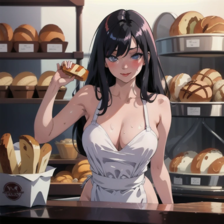 ((masterpiece, best quality, highres, UHD, perfect pixel, depth of field, 8k, RTX, HDR)), BREAK, 1girl, single, solo, beautiful anime girl, beautiful artstyle, anime character, ((long hair, black hair)), (purple:1.4, rounded eyes, beautiful eyelashes, realistic eyes),big breast, without clothes wearing only a white apron, covered in sweat, blushing, with a smile, BREAK, holding a bitten bread in the hand, sexy pose in a pastry shop with shelves with a lot of bread.