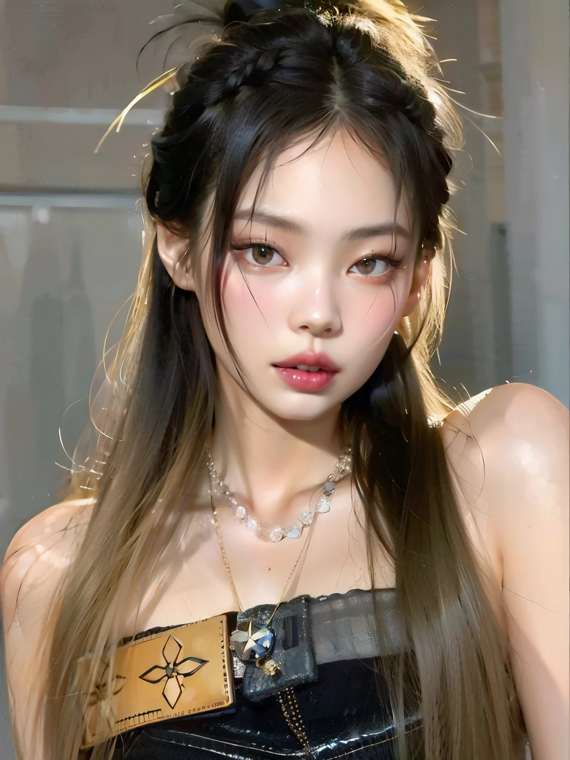 Un primer plano de una mujer con cabello largo con un collar, cruel korean gothic girl, ulzzang, con pelo largo y ojos penetrantes, maquillaje popular de corea del sur, muchacha coreana, gothic girl aesthetic, asian girl, maquillaje coreano popular, mirada aterradora, sakimichan, ella parece una mezcla de grimes, jennie rosa negro, cara sexy con maquillaje completo