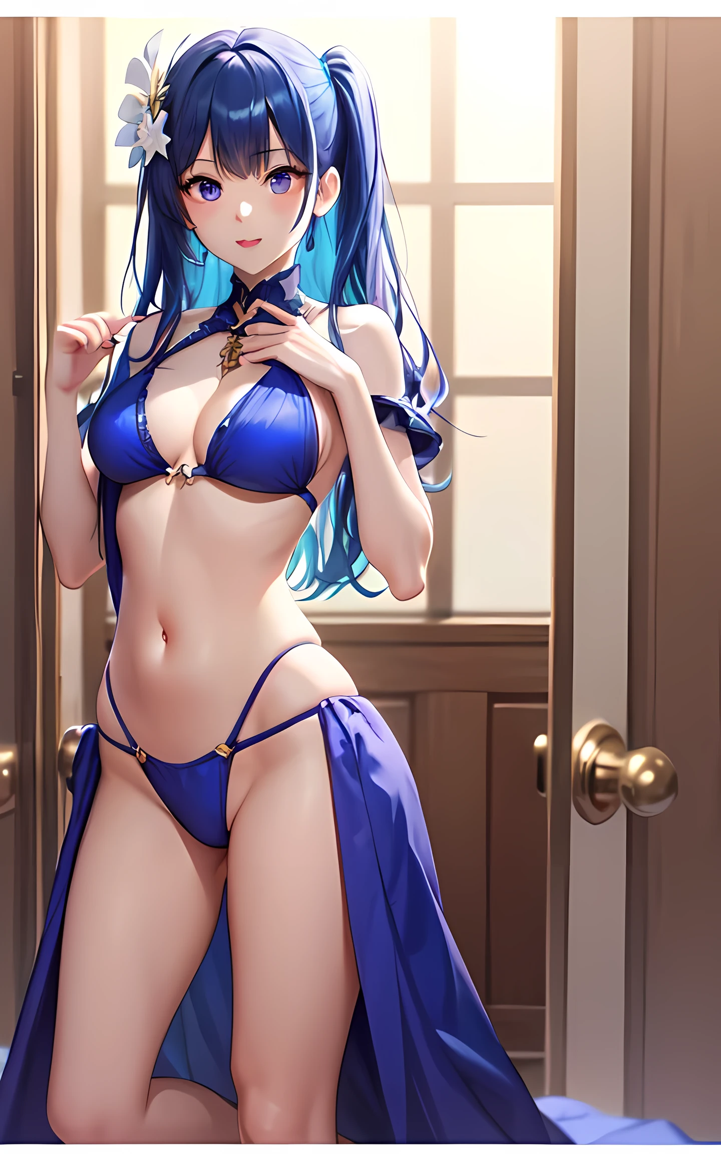 best quality、Photoreal、Super fine illustration、beautiful and charming anime girl、Eris Greyrat、Red hair、red eye、Ahoge,、(tall、slim body、small 、firm round chest,(Hairstyle Long Straight))、The only girl、girl pictures、beautiful blue eyes、With Arabic background、Arabian dancer、Belly dance、 wear a slingshot swimsuit、Attractive mouth、Makeup、impressive red lips,