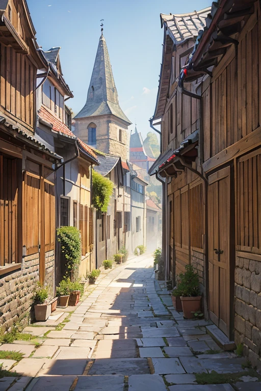 narrow alley in a slavic medieval city, stone houses, shingled roofs, sinuous alley