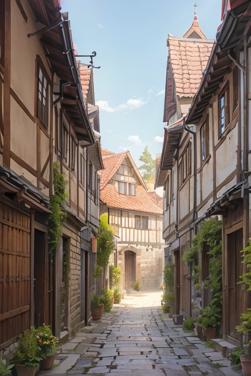 narrow alley in a slavic medieval city, stone houses, shingled roofs, sinuous alley