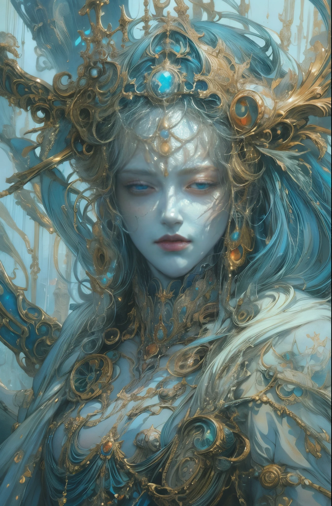 Eris, Goddess of Vengeance, The source of conflict and discord, Golden apple, 4K fantasy art, Written by Gene Jay., fantasy art style, 2. 5D CGI Anime Fantasy Artwork, epic fantasy art style hd, Epic fantasy digital art style, detailed fantasy art, Detailed digital 2D fantasy art, Luan Jia and Artgerm, 8K fantasy art, sharp outline, very fine and beautiful eyes, Beautiful and delicate blue eyes, pretty much beautiful face, unparalleled beauty, masterpiece, highest quality, perfect angle, perfect composition, best shot, official art, cinematic light, very beautiful and fantastic scenery, chivalry dream, sense of presence, Michael'S letter, Christoph Huge 、Ultra-precision coating, luminism, art by Carne Griffiths and What a bone concept art, 4K resolution, Fractal isometricdetailed bioluminescence , 3D rendering, octane rendering, intricately detailed , cinematic, Trending isometric surreal cover photos、art station'amazing full color, handwritten, Defining a hit , cinematic,amazing background, abstract beauty,stand, approaching perfection, pure form, golden ratio, minimalistic, unfinished, concept art, Written by Brian Froud、khan griffith、What a bone、john william waterhouse, intricate details, 8K post production, High resolution, hyper detail, art stationのトレンド, studio photography, intricate details, Extremely delicate and detailed painting style, Beautiful painting art, greg latkowski, close, women only