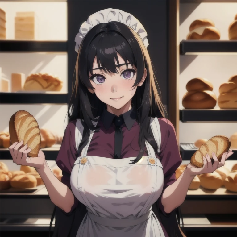 ((masterpiece, best quality, highres, UHD, perfect pixel, depth of field, 8k, RTX, HDR)), BREAK, 1girl, single, solo, beautiful anime girl, beautiful artstyle, anime character, ((long hair, black hair)), (purple:1.4, rounded eyes, beautiful eyelashes, realistic eyes),big breast, without clothes wearing only a white apron, covered in sweat, blushing, with a smile, BREAK, holding a bitten bread in the hand, sexy pose in a pastry shop with shelves with a lot of bread.
