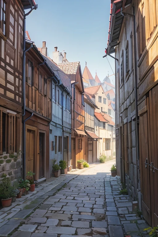 narrow back alley in a slavic medieval city, stone houses, shingled roofs