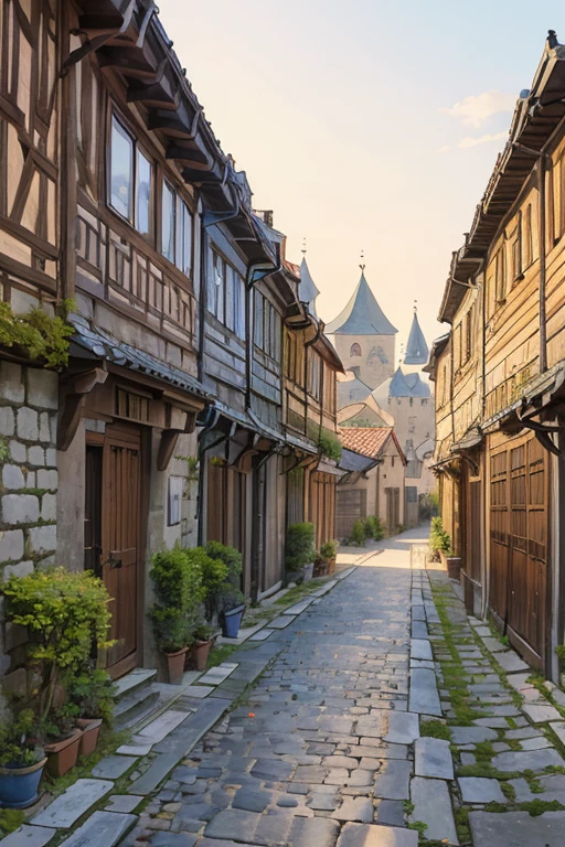 narrow back alley in a slavic medieval city, stone houses, shingled roofs
