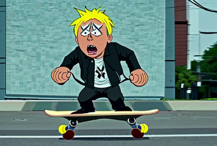 ( Raps and Rock Music Video Scene ) Butters Stotch wear Leather Jacket playing Red Electronic Bass Guitar riding Skateboard on Jacksonville Florida, Crazy Angry and Rage, Art of Hellper 