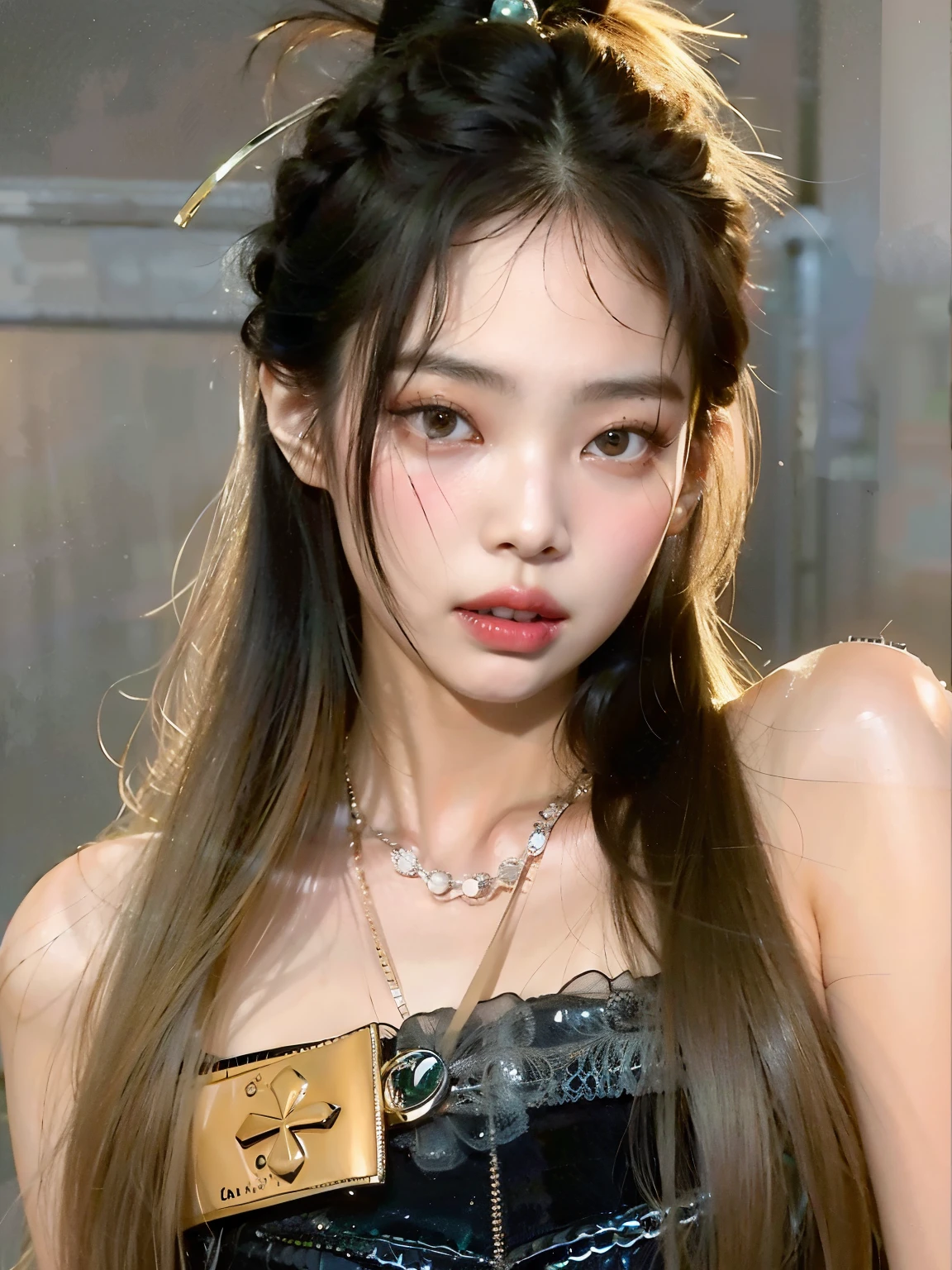 a close up of a woman with long hair wearing a green dress, ulzzang, She has black hair,Hair bangs, cruel korean goth girl, Popular Korean makeup, With bangs, with full bangs, Popular Korean makeup, Long black hair,Hair bangs, with long black hair,Hair bangs, sakimichan, hair blackbangs hair, Jin Young Shin, Korean girls