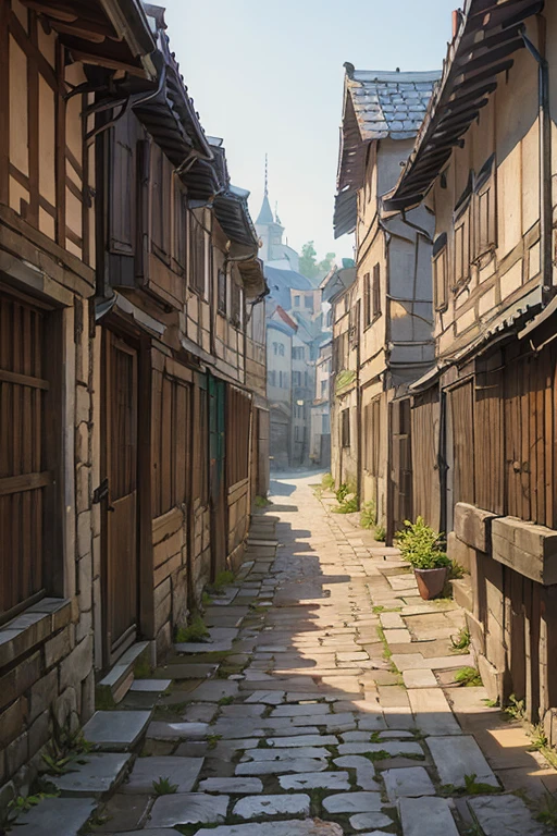 shady narrow back alley in a slavic medieval city slums, stone houses, shingled roofs